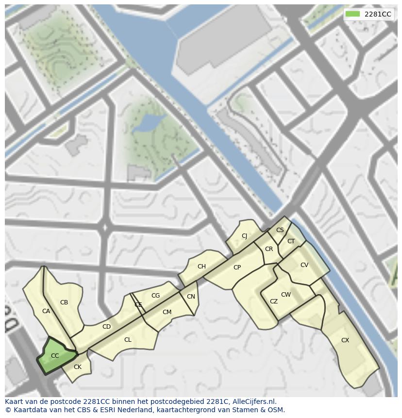 Afbeelding van het postcodegebied 2281 CC op de kaart.