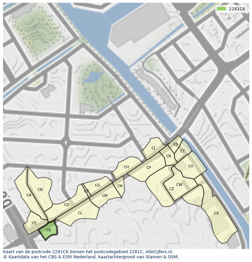 Afbeelding van het postcodegebied 2281 CK op de kaart.