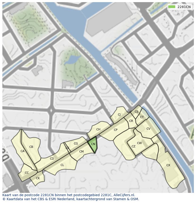 Afbeelding van het postcodegebied 2281 CN op de kaart.
