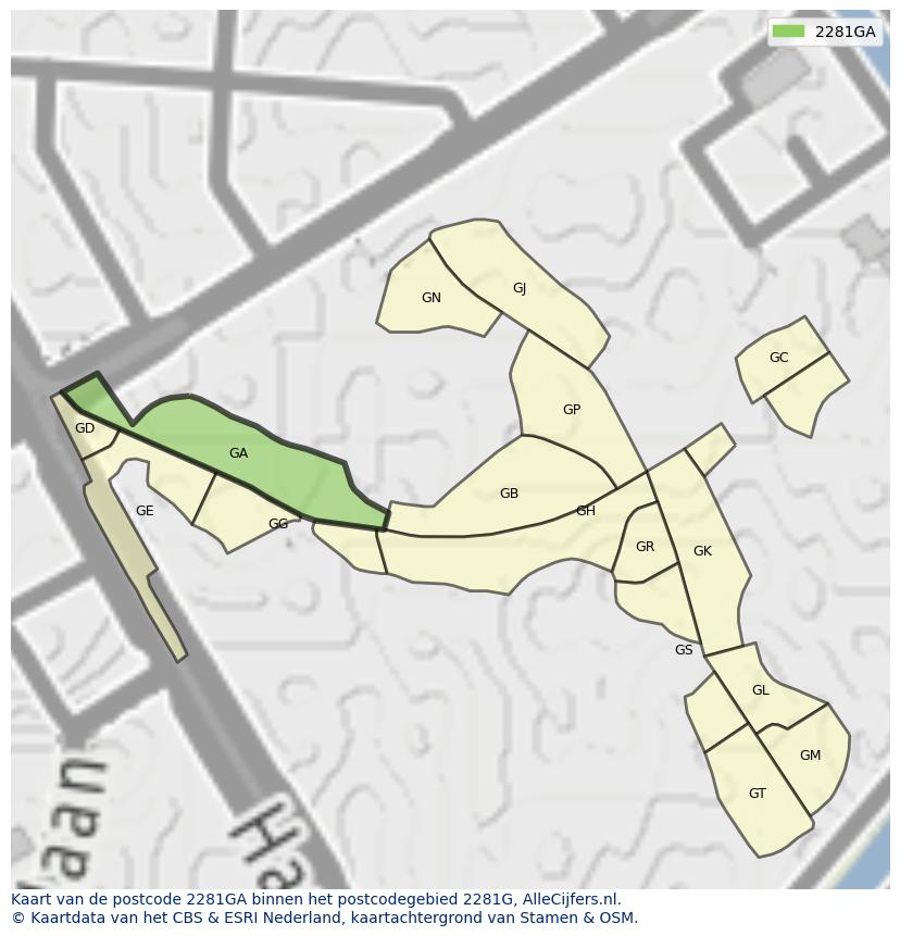 Afbeelding van het postcodegebied 2281 GA op de kaart.