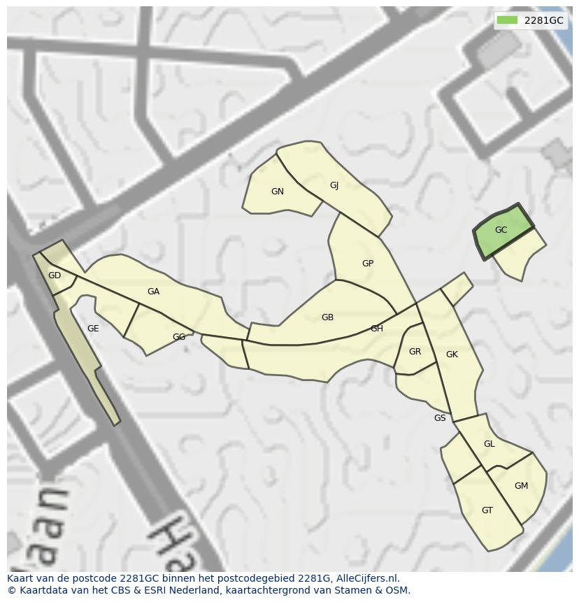 Afbeelding van het postcodegebied 2281 GC op de kaart.