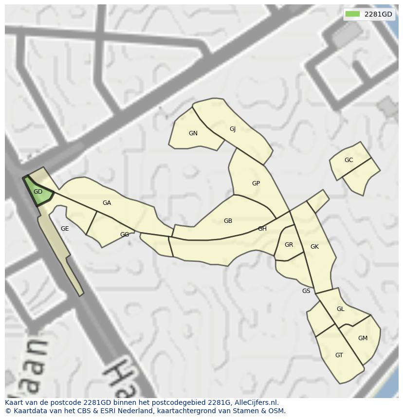 Afbeelding van het postcodegebied 2281 GD op de kaart.