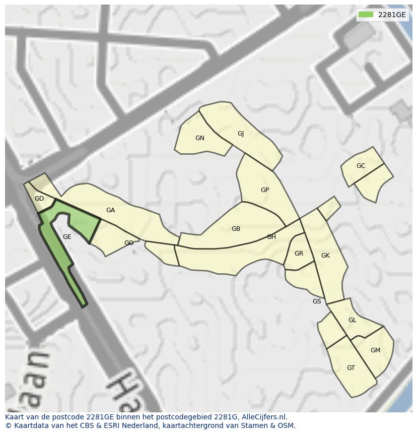 Afbeelding van het postcodegebied 2281 GE op de kaart.