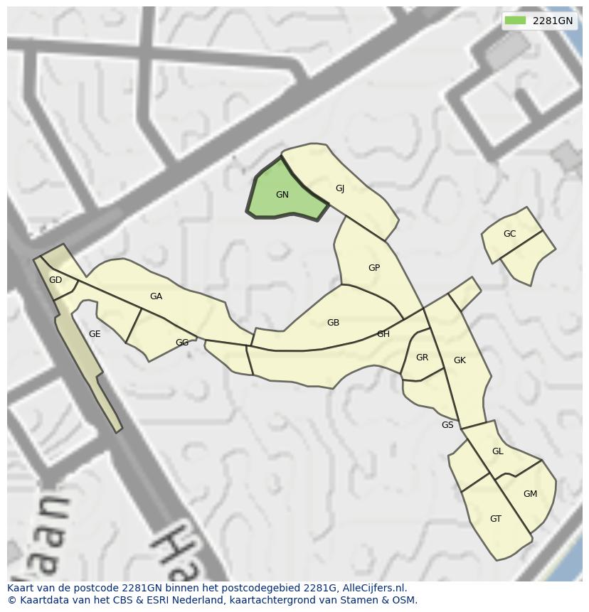 Afbeelding van het postcodegebied 2281 GN op de kaart.