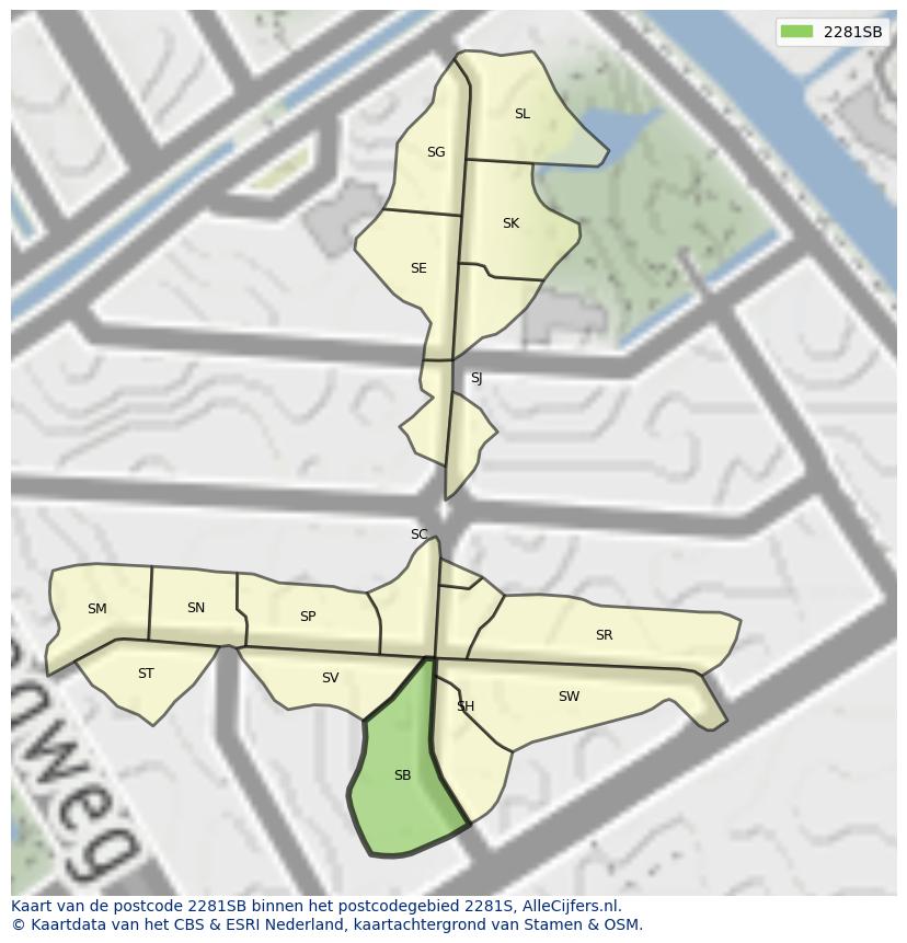 Afbeelding van het postcodegebied 2281 SB op de kaart.