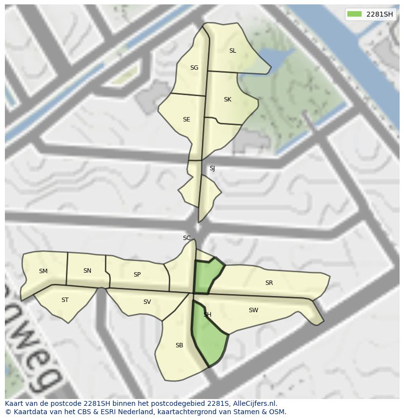 Afbeelding van het postcodegebied 2281 SH op de kaart.