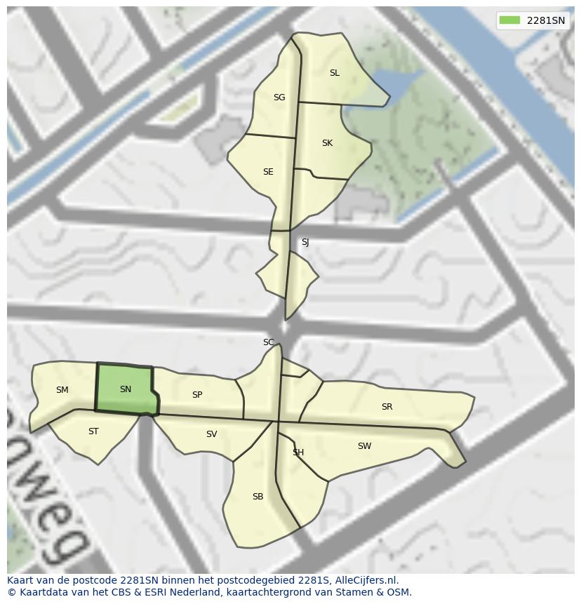 Afbeelding van het postcodegebied 2281 SN op de kaart.