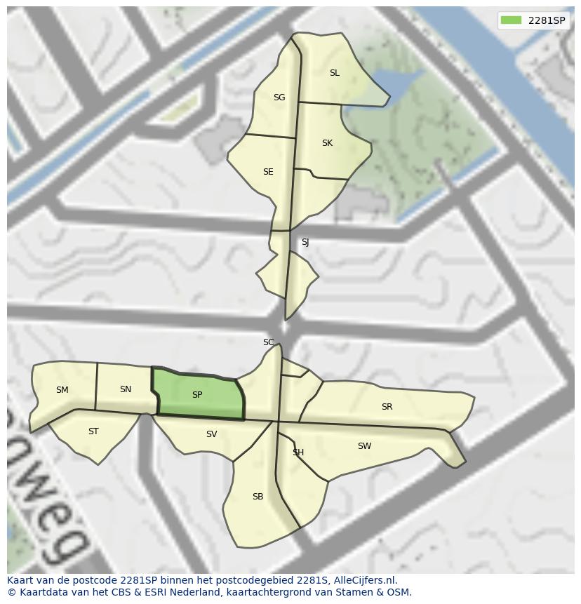 Afbeelding van het postcodegebied 2281 SP op de kaart.