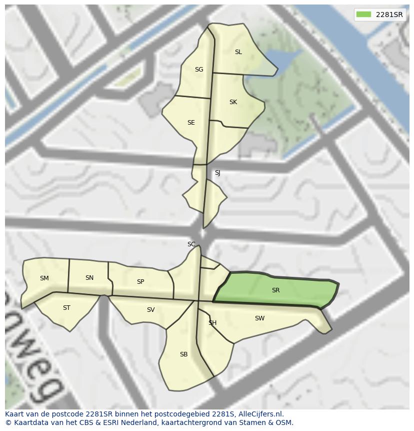 Afbeelding van het postcodegebied 2281 SR op de kaart.