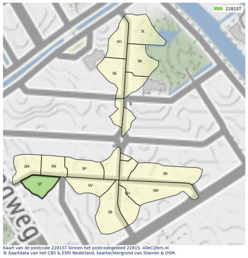 Afbeelding van het postcodegebied 2281 ST op de kaart.