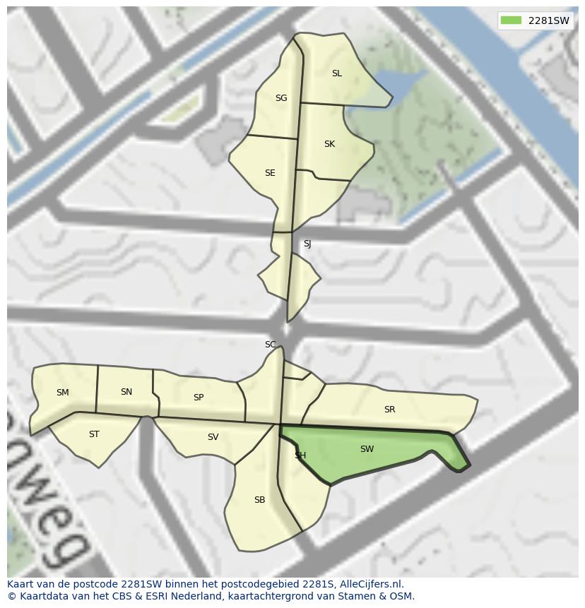 Afbeelding van het postcodegebied 2281 SW op de kaart.