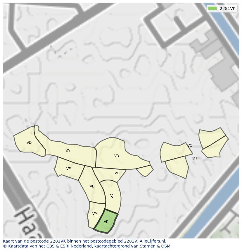 Afbeelding van het postcodegebied 2281 VK op de kaart.