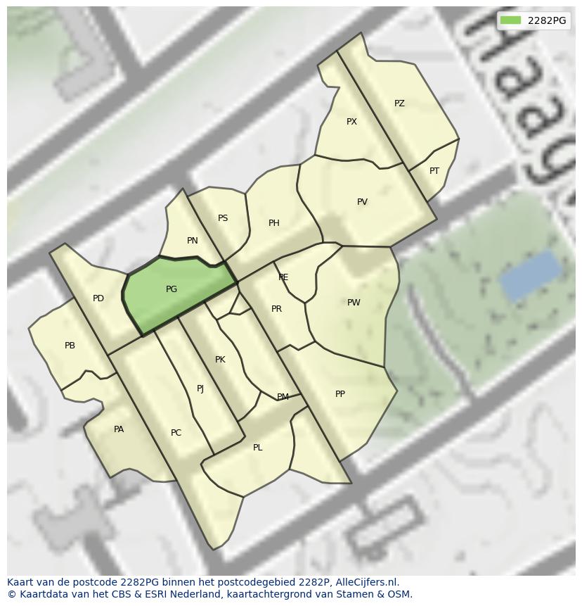 Afbeelding van het postcodegebied 2282 PG op de kaart.