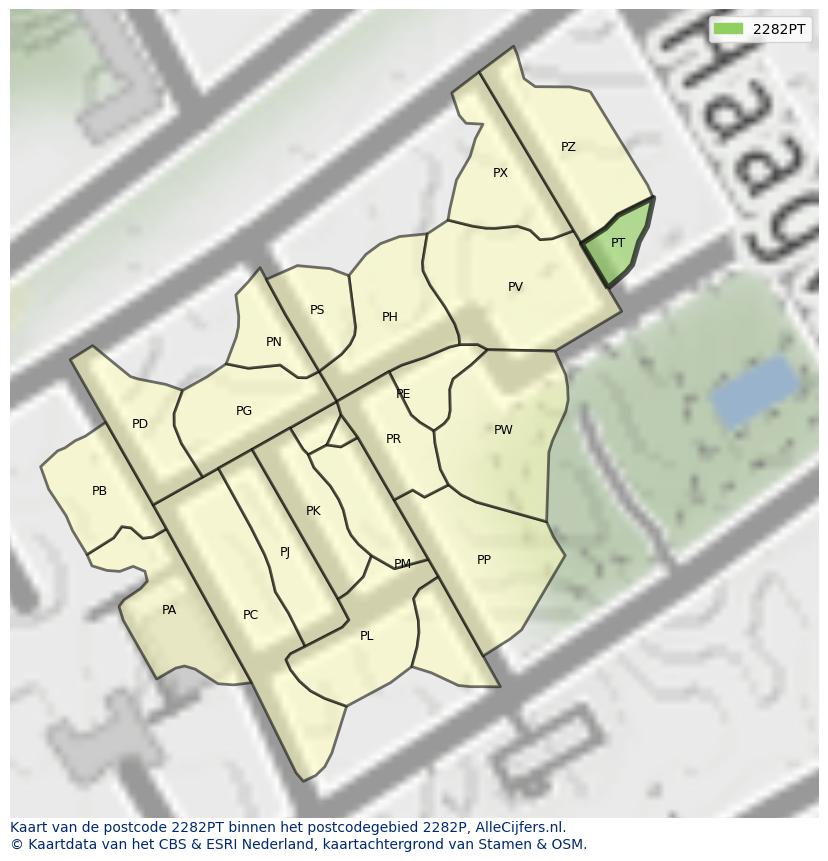 Afbeelding van het postcodegebied 2282 PT op de kaart.