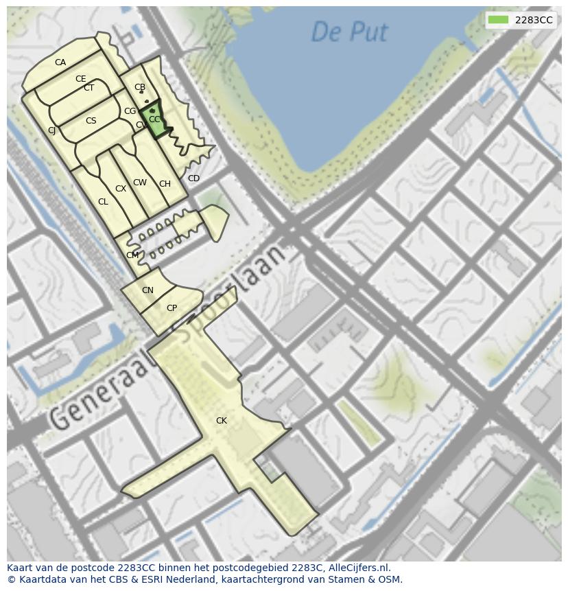 Afbeelding van het postcodegebied 2283 CC op de kaart.