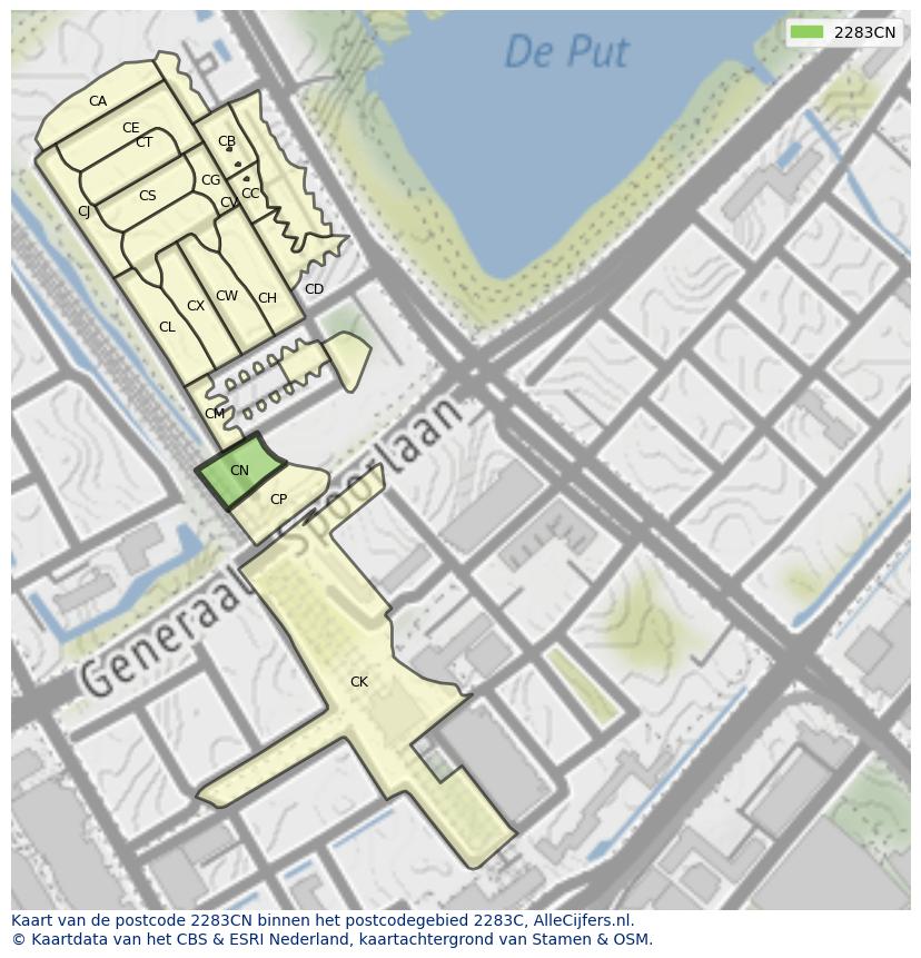 Afbeelding van het postcodegebied 2283 CN op de kaart.