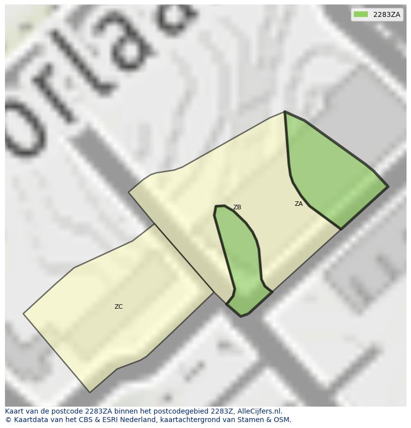 Afbeelding van het postcodegebied 2283 ZA op de kaart.