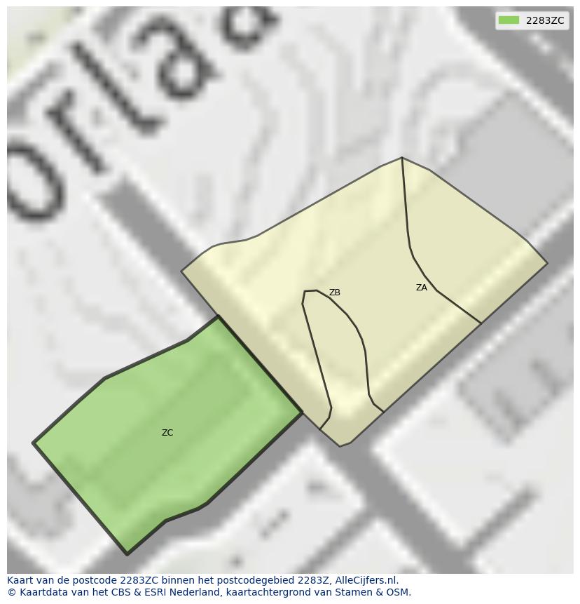 Afbeelding van het postcodegebied 2283 ZC op de kaart.