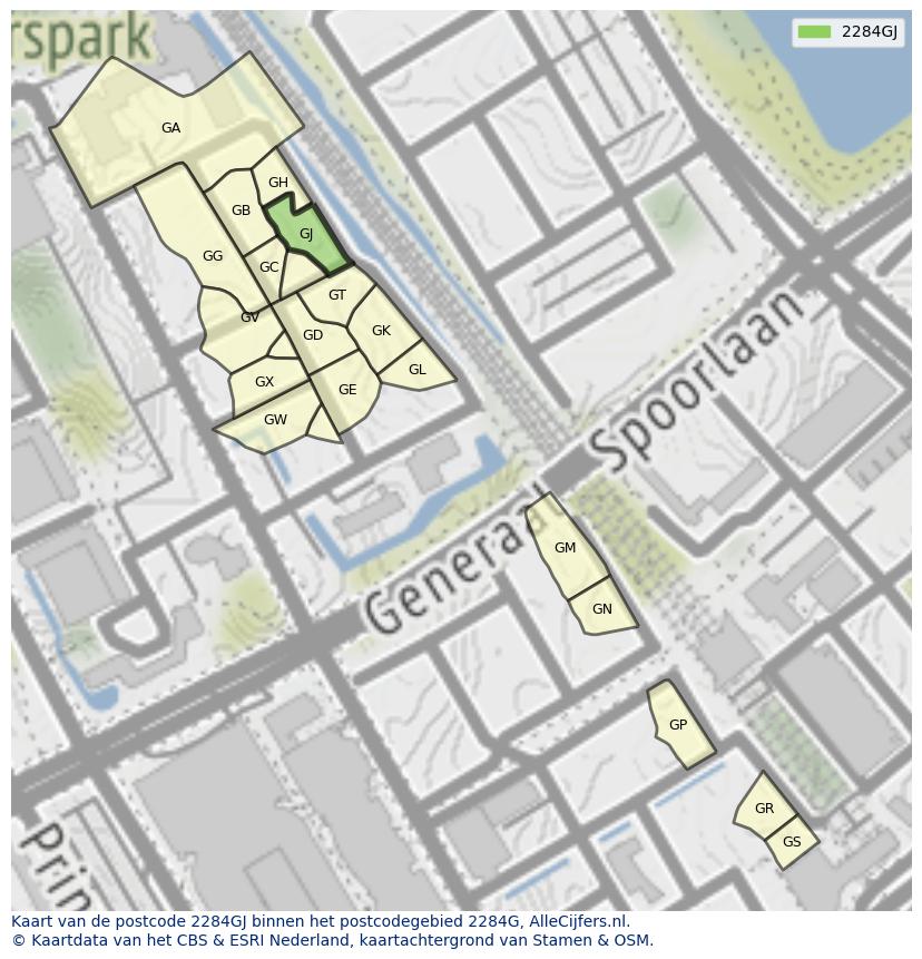 Afbeelding van het postcodegebied 2284 GJ op de kaart.
