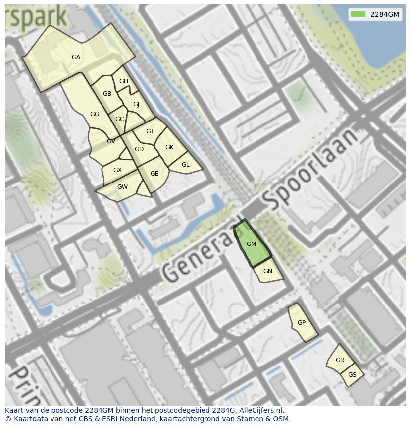 Afbeelding van het postcodegebied 2284 GM op de kaart.