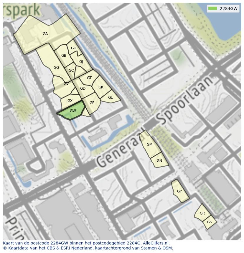 Afbeelding van het postcodegebied 2284 GW op de kaart.