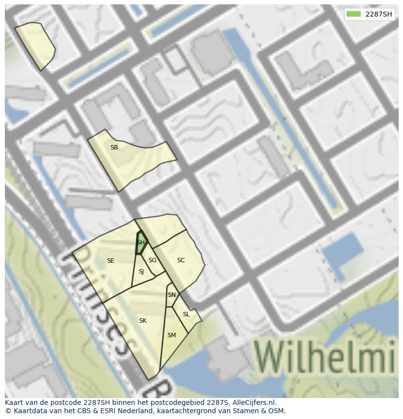 Afbeelding van het postcodegebied 2287 SH op de kaart.