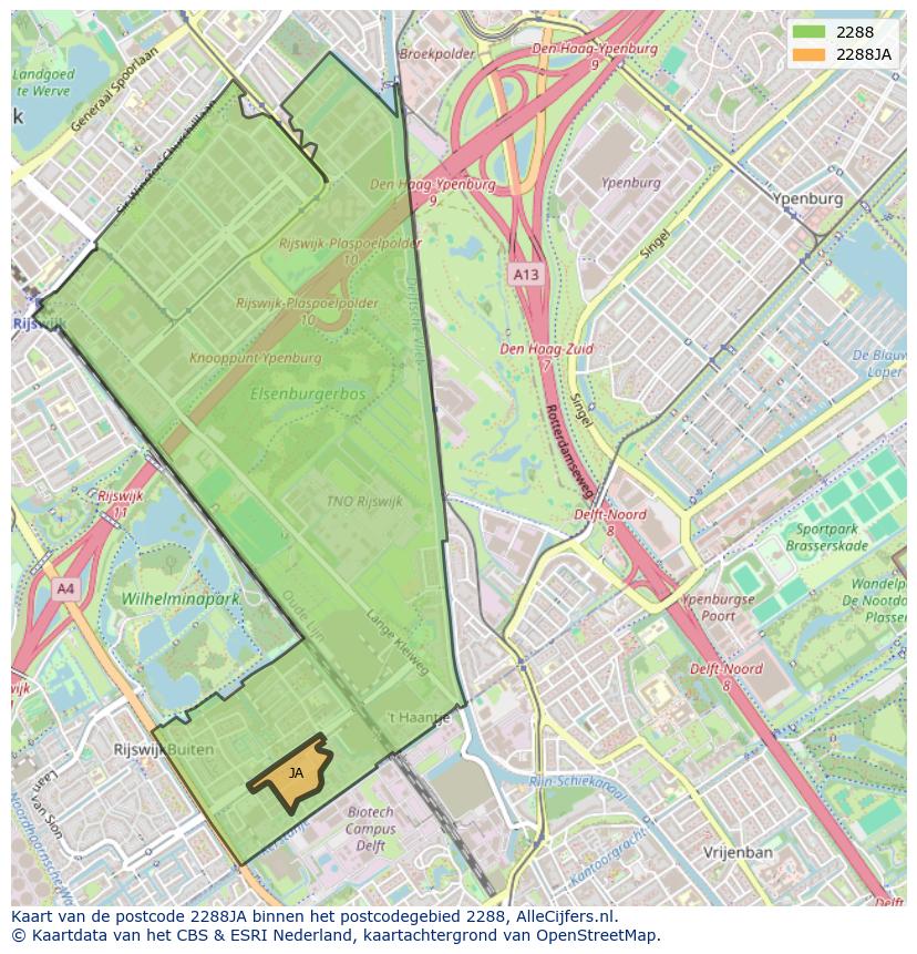 Afbeelding van het postcodegebied 2288 JA op de kaart.