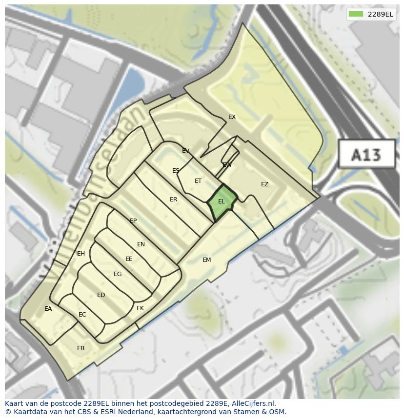 Afbeelding van het postcodegebied 2289 EL op de kaart.