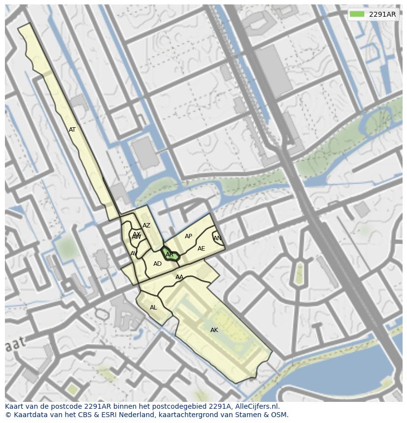 Afbeelding van het postcodegebied 2291 AR op de kaart.