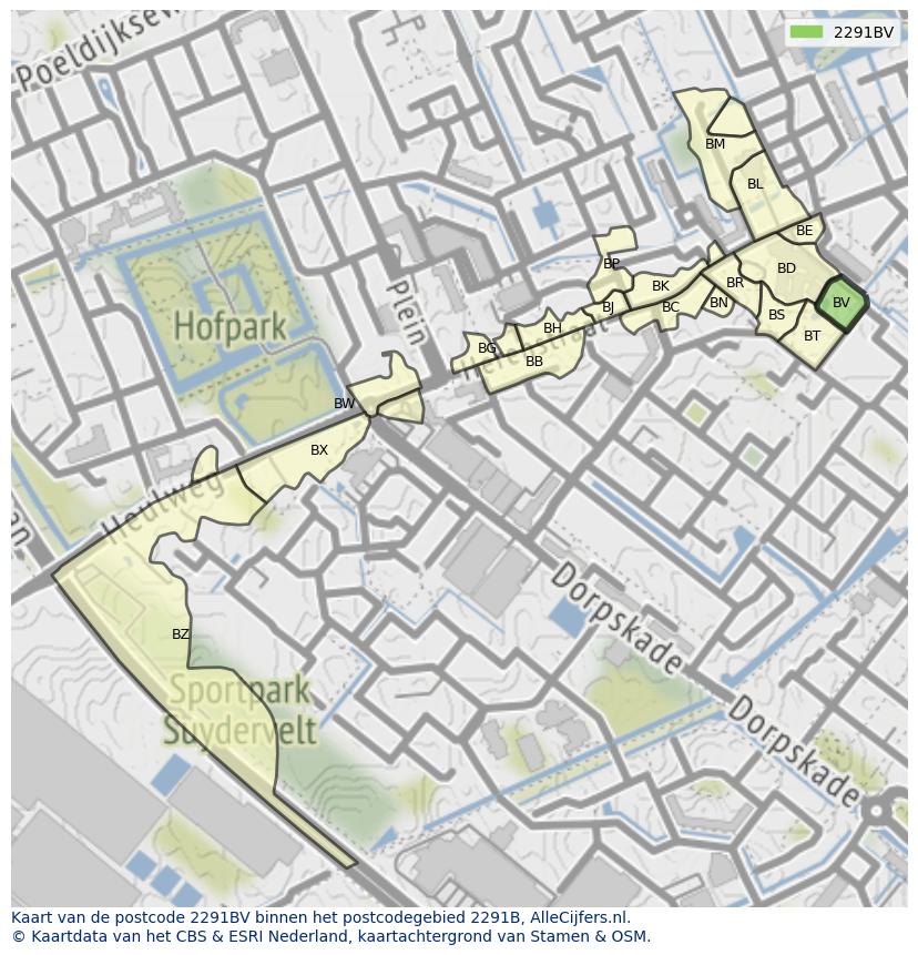 Afbeelding van het postcodegebied 2291 BV op de kaart.