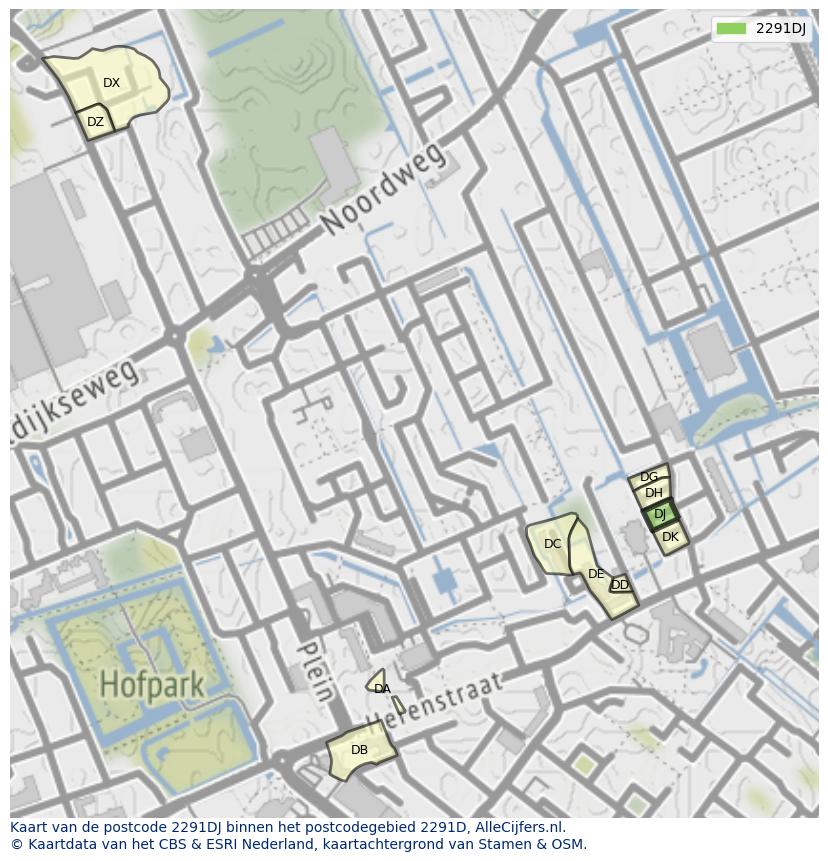 Afbeelding van het postcodegebied 2291 DJ op de kaart.
