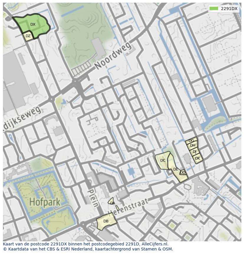 Afbeelding van het postcodegebied 2291 DX op de kaart.