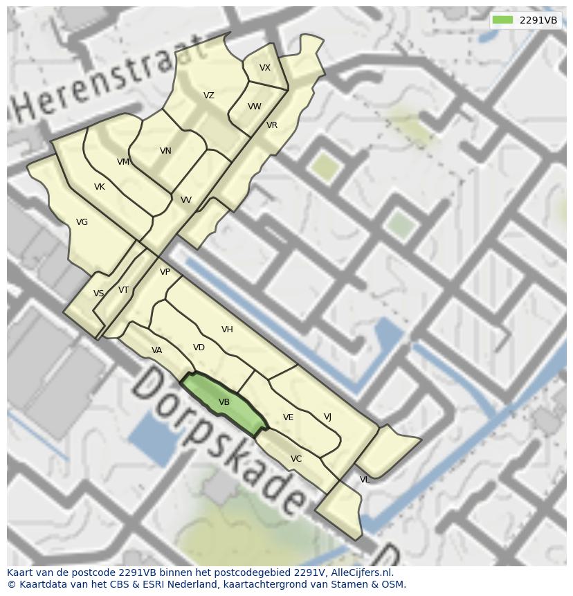 Afbeelding van het postcodegebied 2291 VB op de kaart.