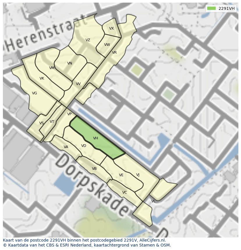 Afbeelding van het postcodegebied 2291 VH op de kaart.