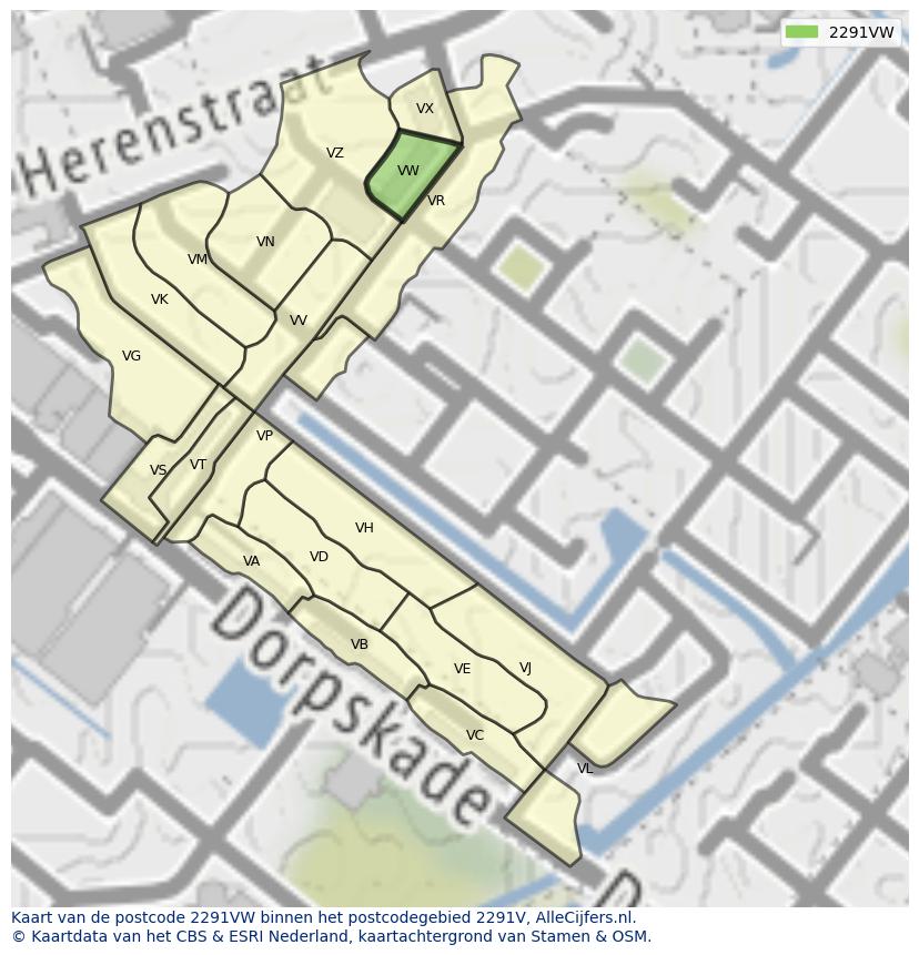 Afbeelding van het postcodegebied 2291 VW op de kaart.