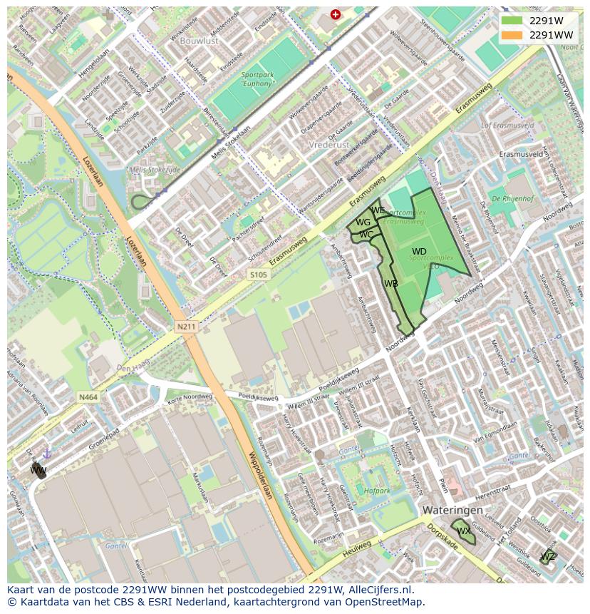 Afbeelding van het postcodegebied 2291 WW op de kaart.