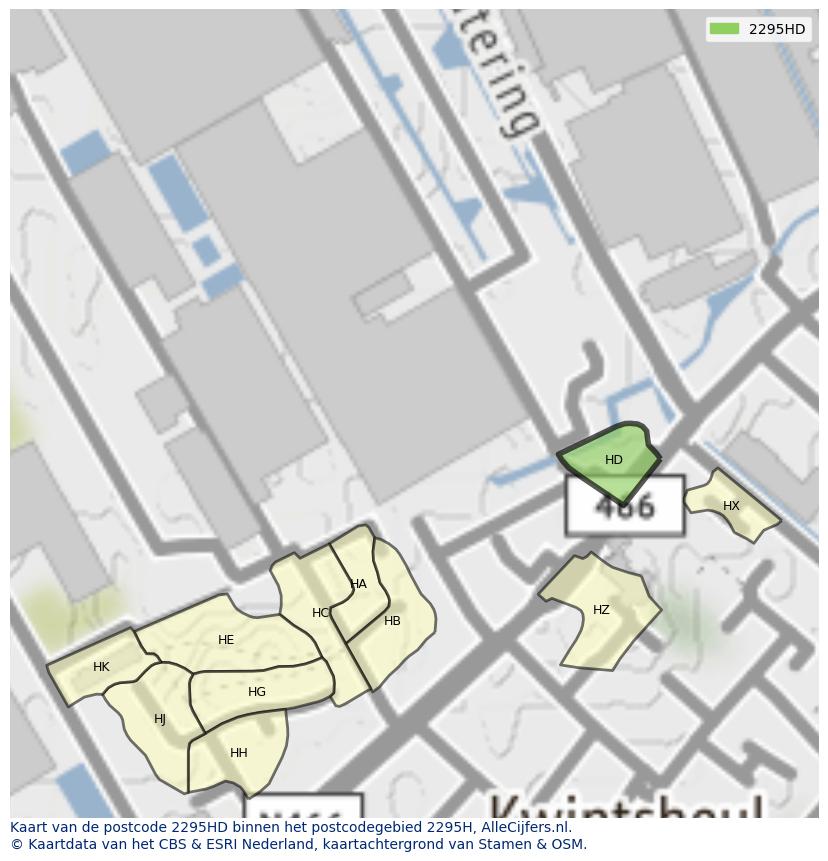 Afbeelding van het postcodegebied 2295 HD op de kaart.