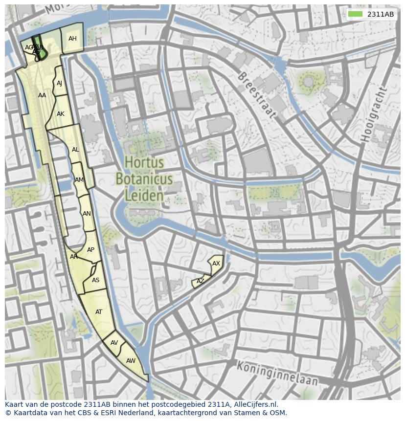 Afbeelding van het postcodegebied 2311 AB op de kaart.