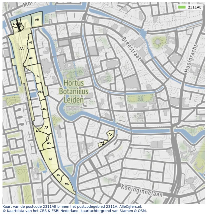 Afbeelding van het postcodegebied 2311 AE op de kaart.