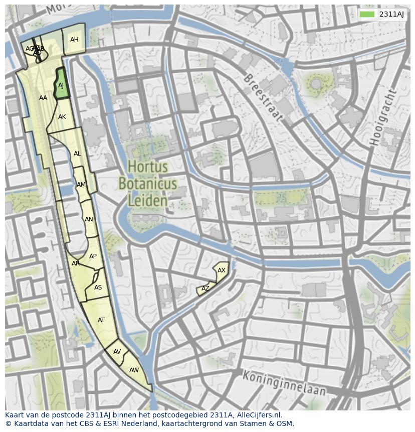 Afbeelding van het postcodegebied 2311 AJ op de kaart.