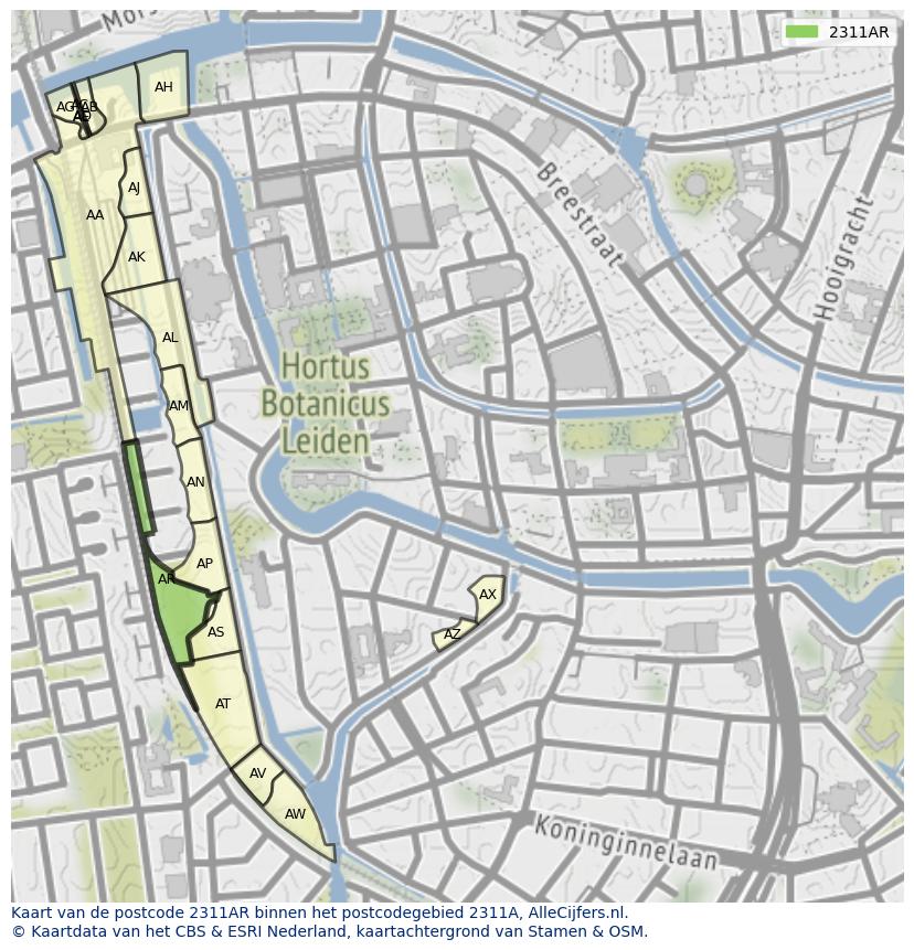 Afbeelding van het postcodegebied 2311 AR op de kaart.