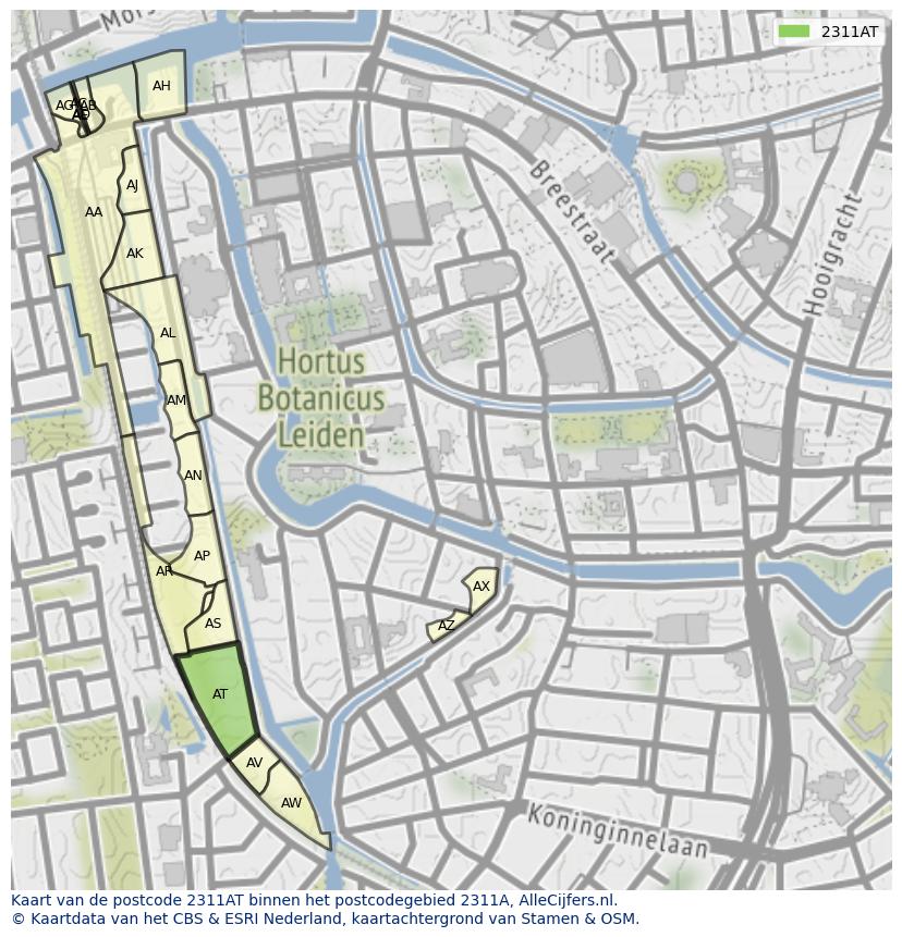 Afbeelding van het postcodegebied 2311 AT op de kaart.