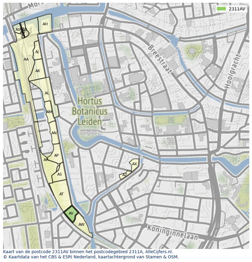 Afbeelding van het postcodegebied 2311 AV op de kaart.