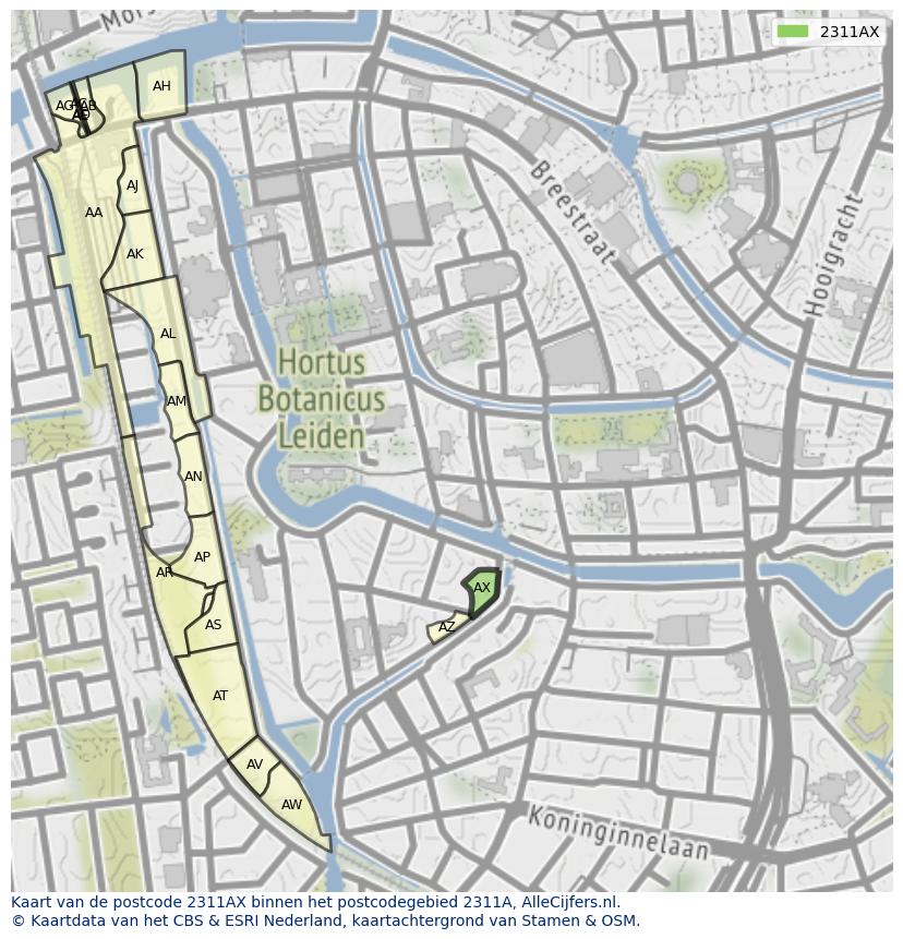 Afbeelding van het postcodegebied 2311 AX op de kaart.