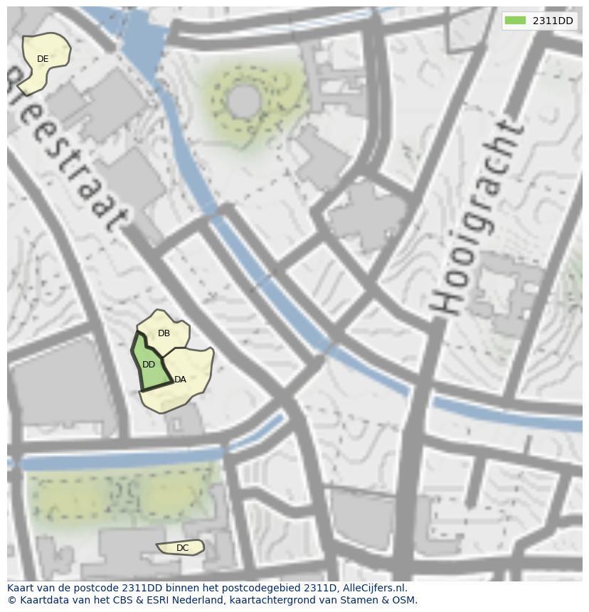 Afbeelding van het postcodegebied 2311 DD op de kaart.