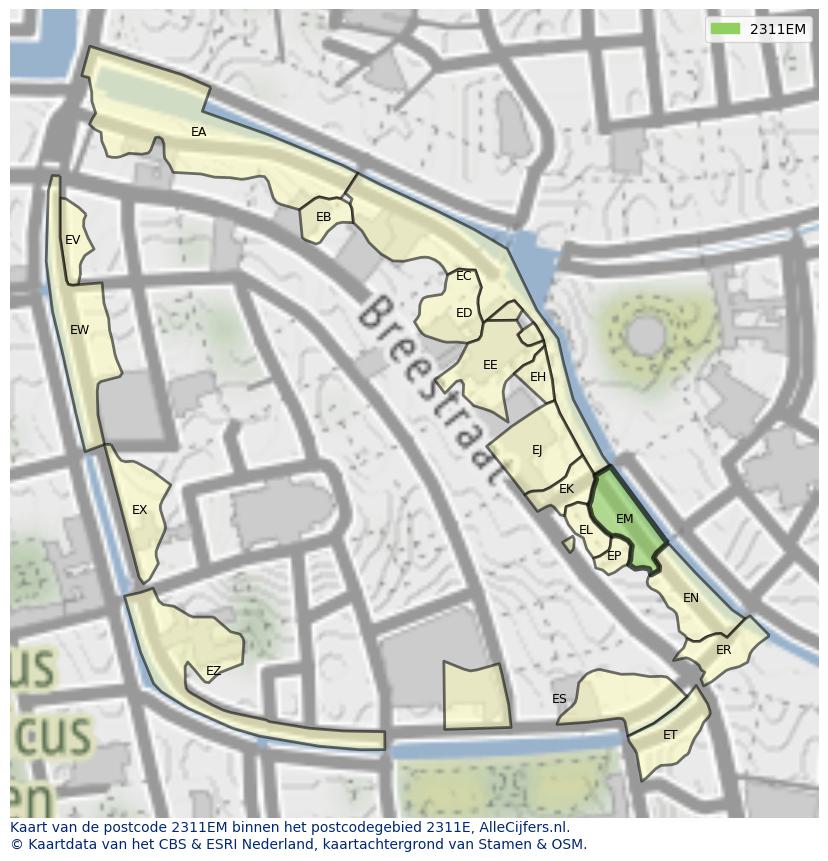 Afbeelding van het postcodegebied 2311 EM op de kaart.