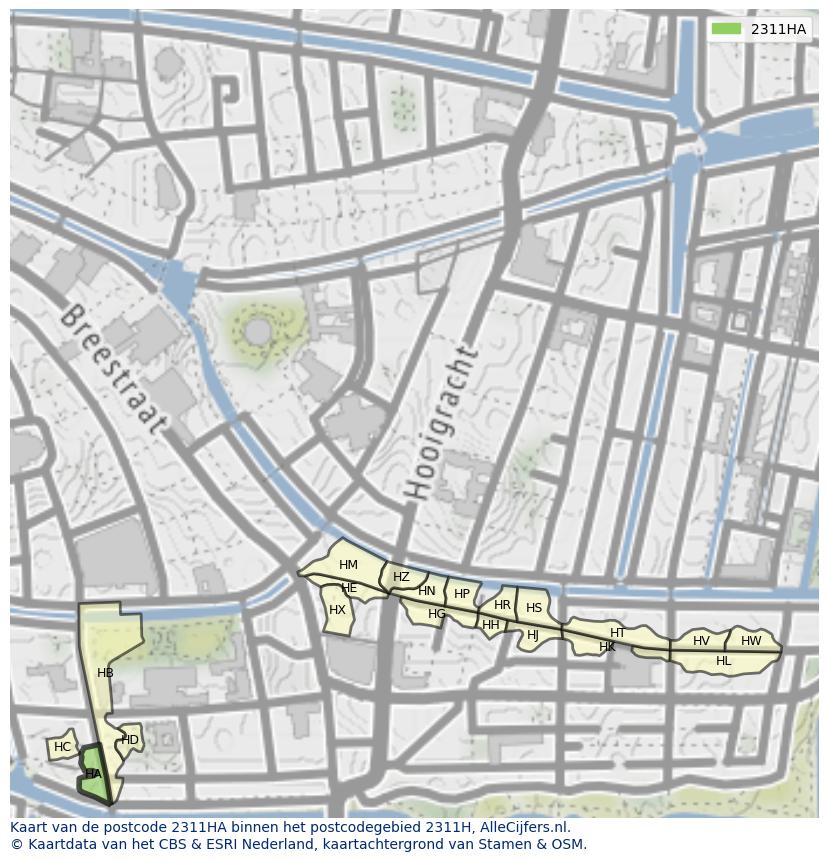 Afbeelding van het postcodegebied 2311 HA op de kaart.