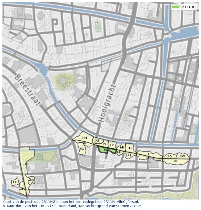 Afbeelding van het postcodegebied 2311 HG op de kaart.