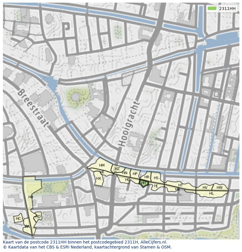 Afbeelding van het postcodegebied 2311 HH op de kaart.