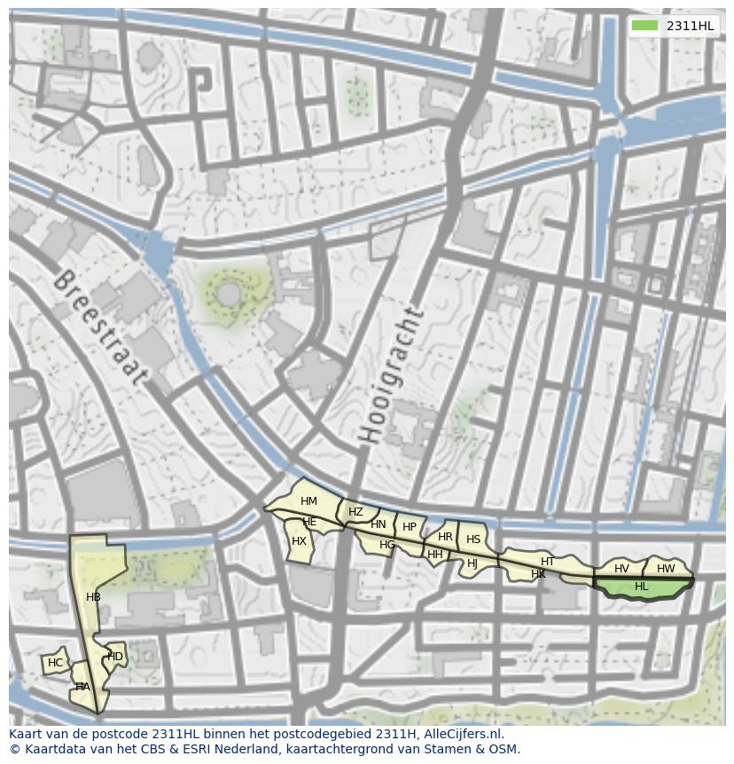 Afbeelding van het postcodegebied 2311 HL op de kaart.